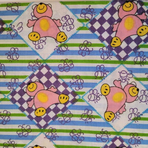 Cotton Fabric Pink Bear Print Stripes 1 Yard x 44" Quilting Sewing Retro Kids - Picture 2 of 9